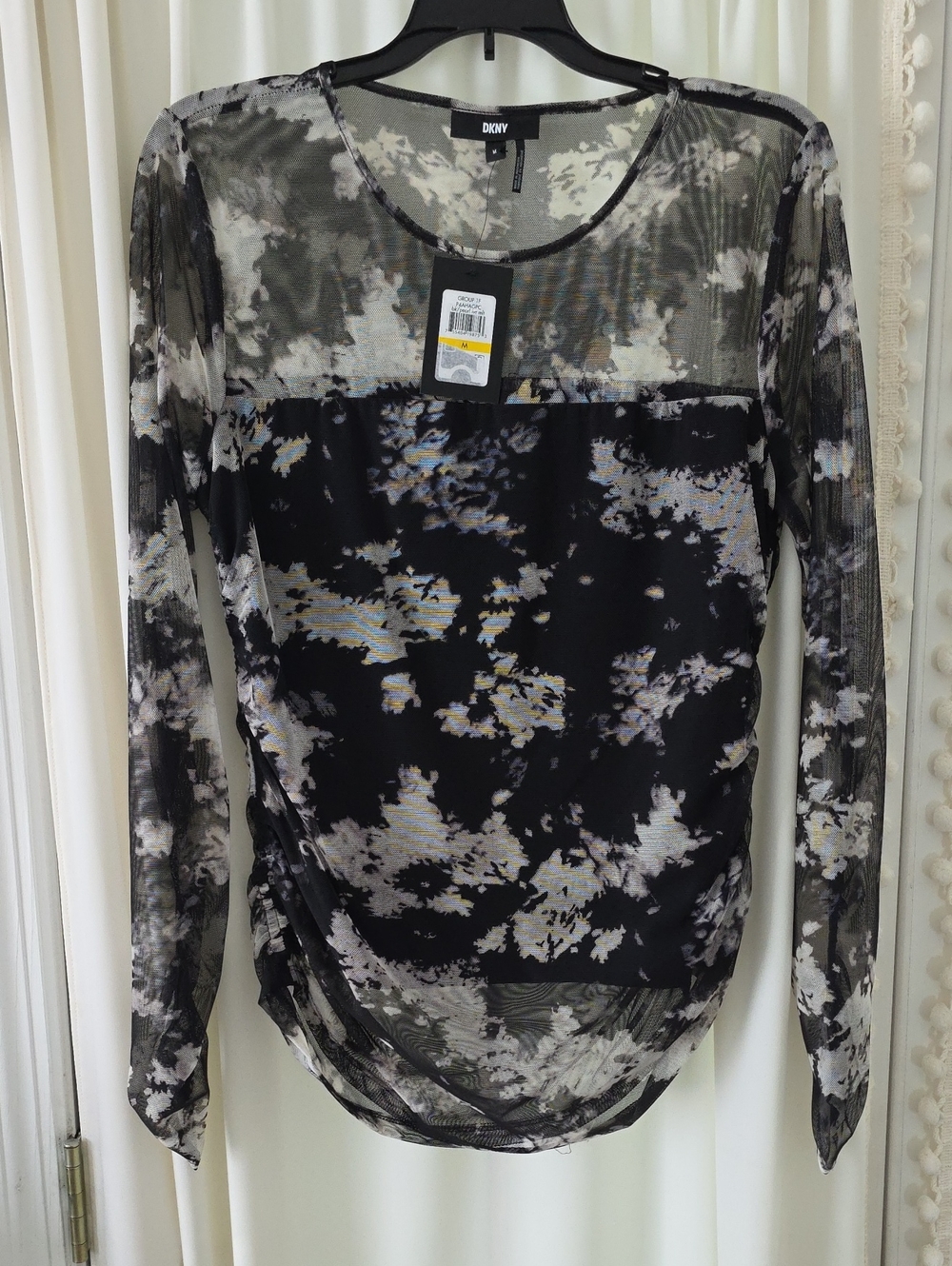 DKNY Black and Gray Sheer Printed Long-Sleeve Top